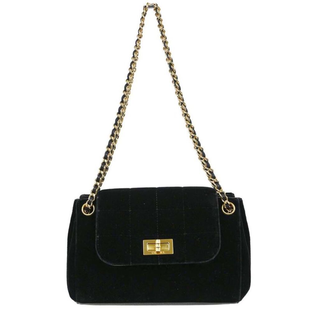 Chanel Chocolate Bar Mademoiselle Lock Chain Quilted Velvet Black Velvet